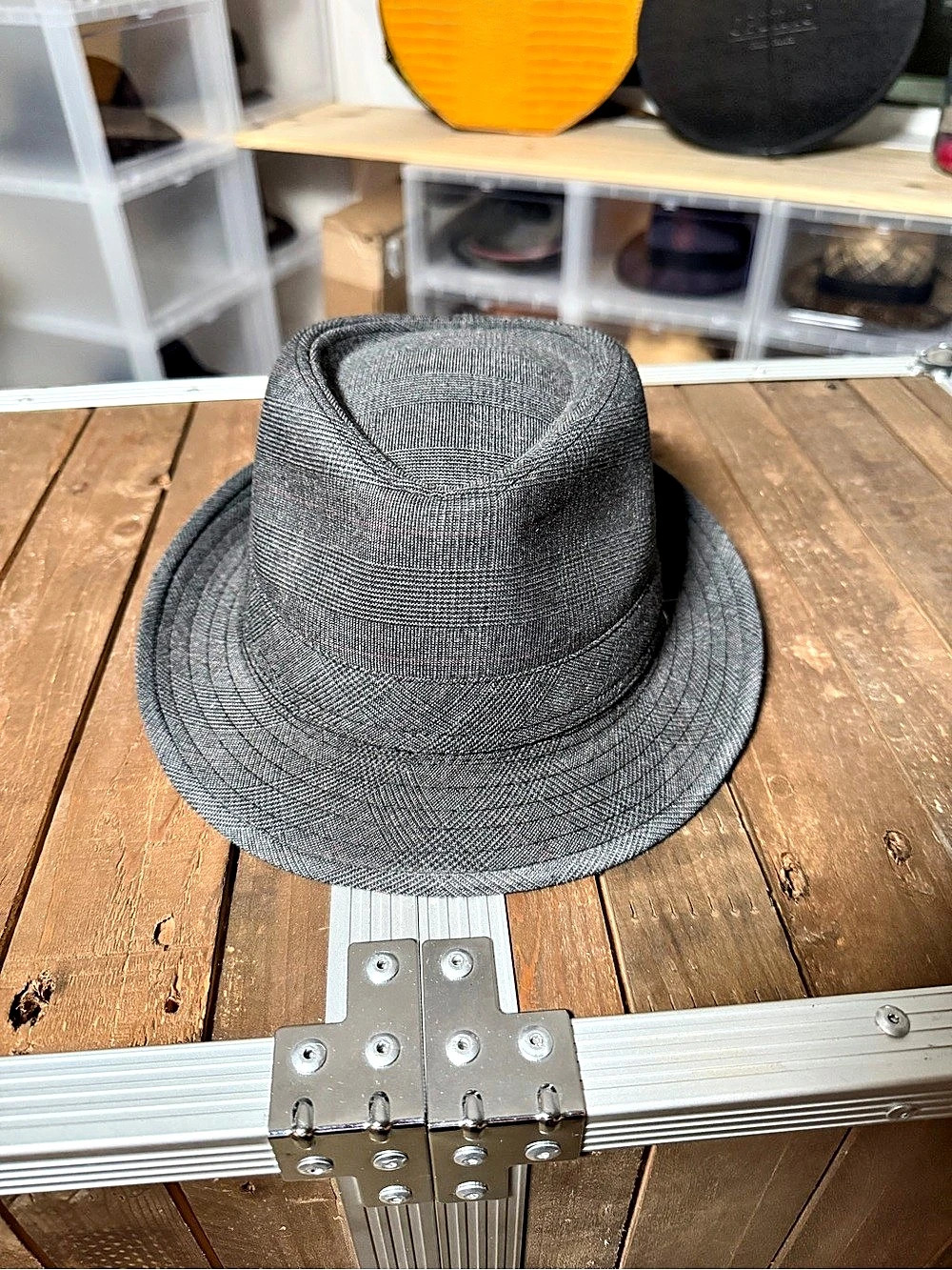 DPC Dorfman Pacific Gray Plaid Fedora Hat 58cm Short Brim